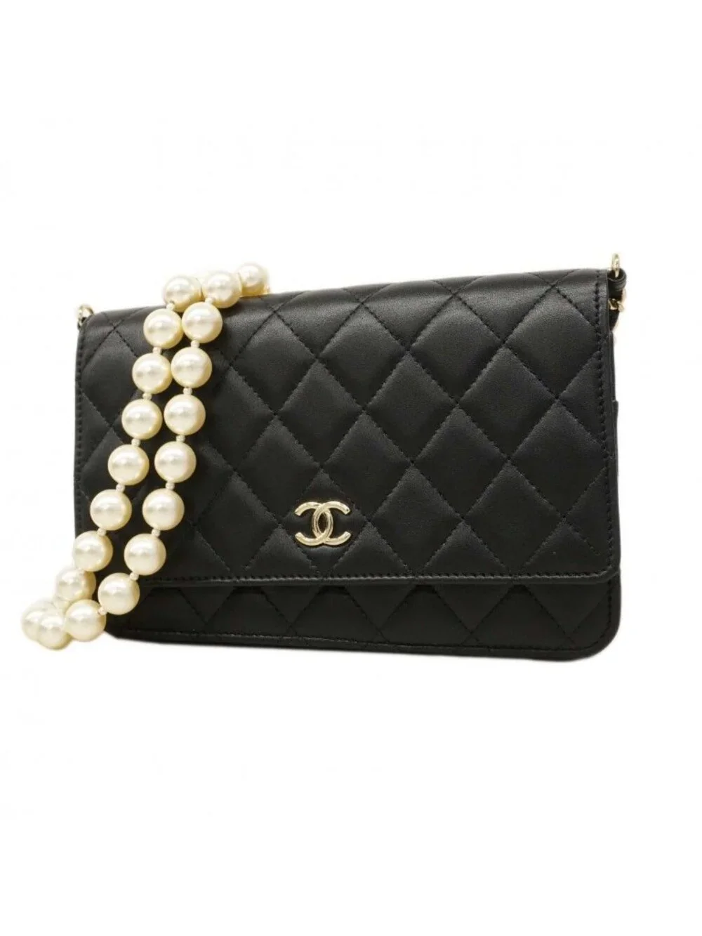 ★SOLD★ Chanel Shoulder Wallet Quilted Pearl Lambskin Black Champagne Gold - Picture 1 of 10